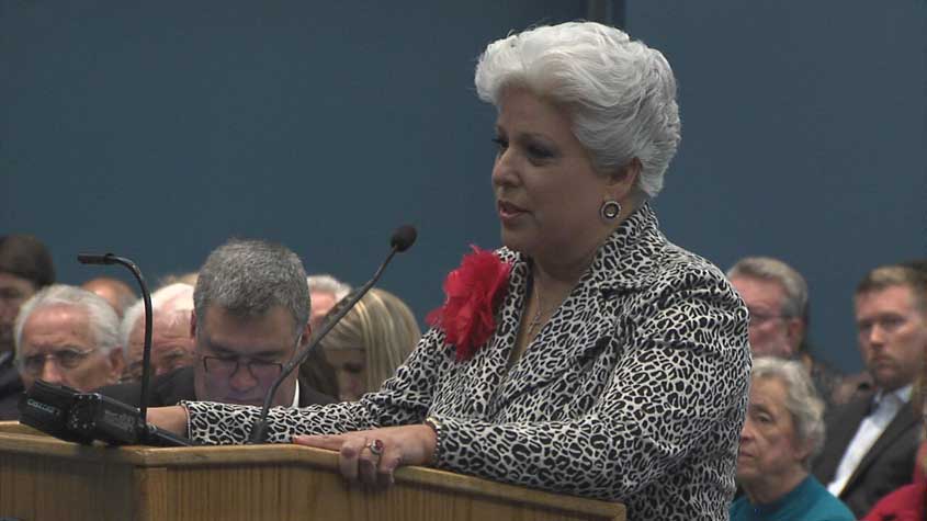 Mayor Nelda Martinez speaking at TWIA public hearing