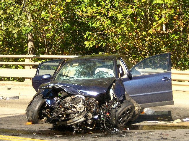 head on collision in blue car