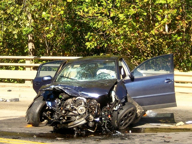 head on collision in blue car